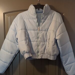 Light Blue Puffer Jacket - Women's Cropped Coat